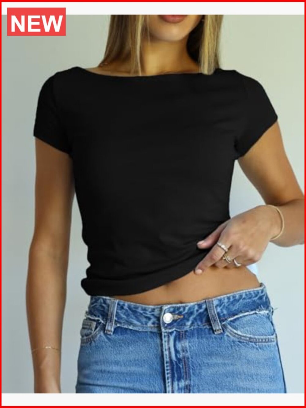 Boat Neck Short Sleeve T-Shirt Y2K Going Out Top Summer Baby Tee - Picture 3 of 7